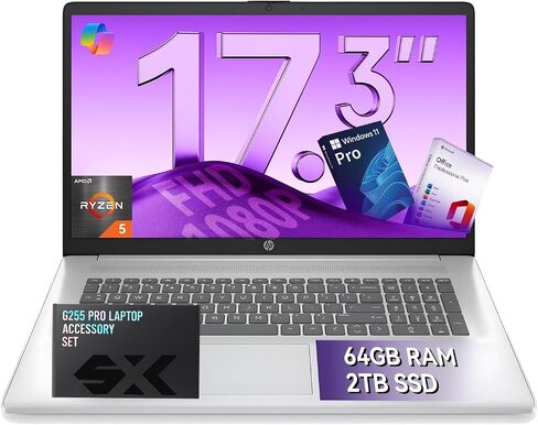 HP 17 inch Laptop for Business and Students, Ms Office Lifetime - Wins 11 Pro, AMD Ryzen 5 (Beats i7-1165G7), 17.3" FHD, Copilot, Numeric Keypad, w/Accessory (64GB RAM | 2TB SSD) in Saudi Arabia