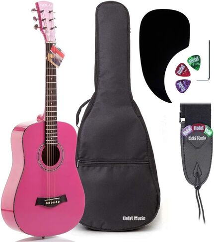 Hola! Music 3/4 Size Acoustic Guitar Bundle for Beginners, 6 String Beginner Solid Spruce Top Acoustic Guitar With Rosewood FIngerboard, 36 inch, Pink in Kuwait