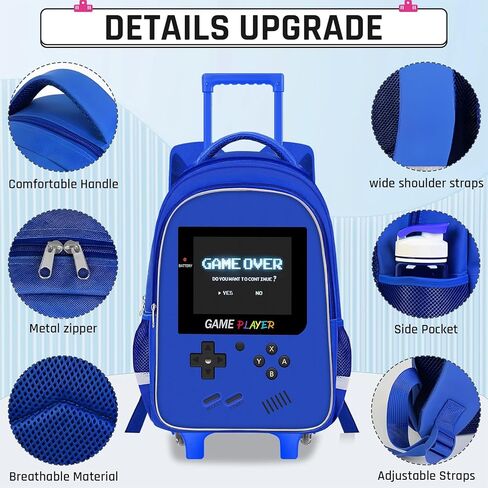 حقيبة الظهر المتداول للأطفال - 3pcs Gamer Boys Rolling Backpack مع مجموعة حقيبة الغداء ، وحرفية الكتب في المدارس المتوسطة الابتدائية مع مقبض قابل للتعديل للسفر والمدرسة in Kuwait