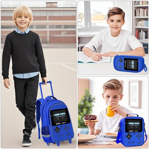 حقيبة الظهر المتداول للأطفال - 3pcs Gamer Boys Rolling Backpack مع مجموعة حقيبة الغداء ، وحرفية الكتب في المدارس المتوسطة الابتدائية مع مقبض قابل للتعديل للسفر والمدرسة in Kuwait