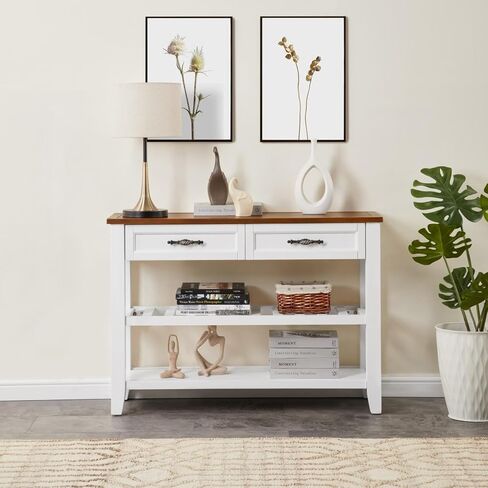 A Retros Designed Console with Two Open Shelves A Pines Solid Wood Frame and Living Room Legs, for Home Living Room, Office (White) in Saudi Arabia