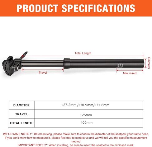 Dropper Post 27.2/30.9/31.6mm x 400mm Length 125mm Travel Lightweight Aluminum Alloy Seat Post for Mountain Road Bike BMX eBike in Kuwait