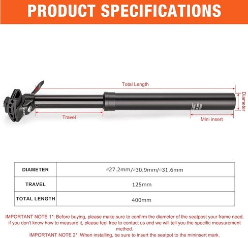 Dropper Post 27.2/30.9/31.6mm x 400mm Length 125mm Travel Lightweight Aluminum Alloy Seat Post for Mountain Road Bike BMX eBike in Kuwait