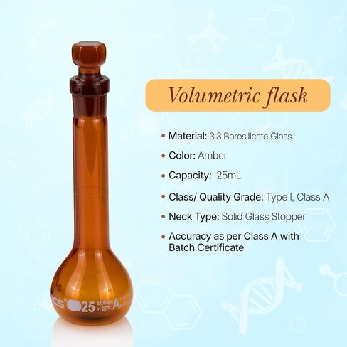 200 ml Volumetric Flask,Clear,3.3Borosilicate Glass,Class A,NS14/23 Glass Stopper,Laboratory Project (Pack of 2) in Kuwait