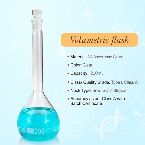 200 ml Volumetric Flask,Clear,3.3Borosilicate Glass,Class A,NS14/23 Glass Stopper,Laboratory Project (Pack of 2) in Kuwait