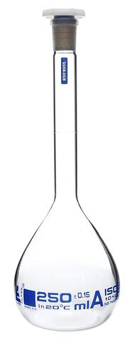 EISCO Volumetric Flask, 250mL - ASTM, Class A - Tolerance ±0.120mL - Interchangeable, Size 16 Polypropylene Stopper - Single, White Graduation - Borosilicate Glass in Saudi Arabia