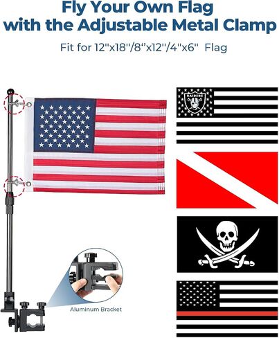 KEMIMOTO 2 Pcs Boat American Flag Pole Kit, 360° Adjustable 12''x18'' Pontoon Boat Flag, for 0.8''-1.35'' Round/Square Rails, 2.5ft Pole for Boat & Golf Cart, Pontoon Boat Accessories (Flag Included) in Saudi Arabia