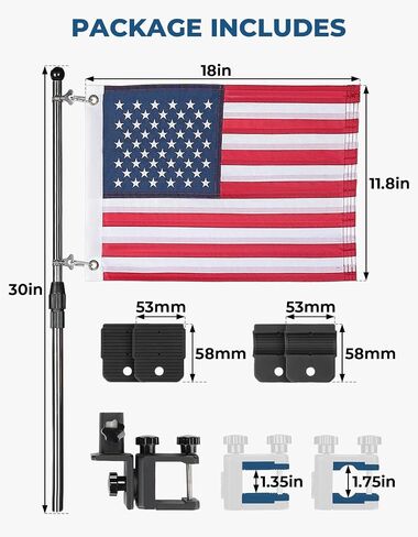 KEMIMOTO 2 Pcs Boat American Flag Pole Kit, 360° Adjustable 12''x18'' Pontoon Boat Flag, for 0.8''-1.35'' Round/Square Rails, 2.5ft Pole for Boat & Golf Cart, Pontoon Boat Accessories (Flag Included) in Saudi Arabia