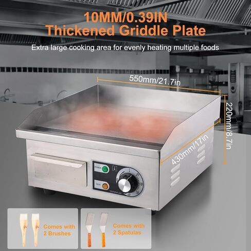 Commercial Electric Griddle, 14" Electric Countertop Flat Top Griddle,1600W 110V Non-Stick Electric Flat Top Grill Stainless Steel Teppanyaki Grill,122℉-572℉ Adjustable Temperature for Restaurant Home in Saudi Arabia