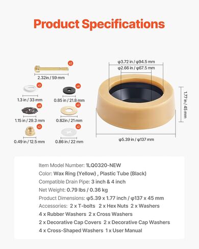 VEVOR Toilet Wax Ring Kit, 1.6-Inch Extra Thick Wax Ring for Toilet Bowls with Rust-Resistant Brass Bolts, Caps and Washers, Fits 3-Inch or 4-Inch Drain Pipes, Superior Sealing Performance in Saudi Arabia