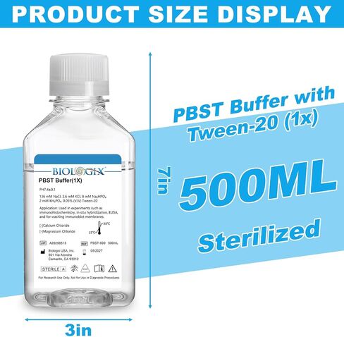Lab PBST Buffer, 500ml Phosphate Buffered Saline with Tween-20 (1×), 0.1um Filtration Sterilized, 7.4 pH, 1×Concentrate, 500ml/Bottle in Saudi Arabia