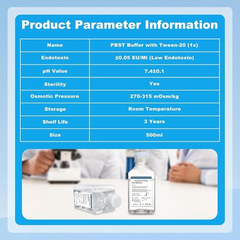 Lab PBST Buffer, 500ml Phosphate Buffered Saline with Tween-20 (1×), 0.1um Filtration Sterilized, 7.4 pH, 1×Concentrate, 500ml/Bottle in Saudi Arabia