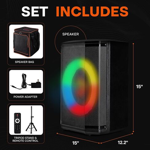 Pyle Portable Bluetooth Speaker with 8" Inch Woofer, TWS Function, Mic Input, USB/Micro SD/FM Radio, Colorful Ring Lights, 120W Rechargeable Battery, Tripod Stand, Hi-Fi Sound, Indoor/Outdoor Use in Saudi Arabia