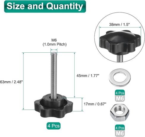 uxcell 4pcs Star Clamping Knobs with Nuts Washers, M8 x 20mm Metric 304 Stainless Steel Male Thread 38mm 6-Star Plastic Head, Threaded Stud Hand Knobs Handles Thumb Screws, Black in Saudi Arabia