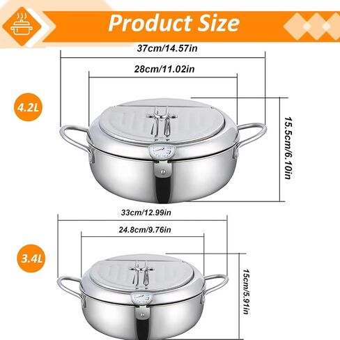 Deep Fryer Pot, 9.8"/3L Stainless Steel Japanese Tempura Frying Pot with Lid, Temperature Control, Oil Drip Drainer Rack for Fried Chicken, Shrimp, French Chips in Saudi Arabia