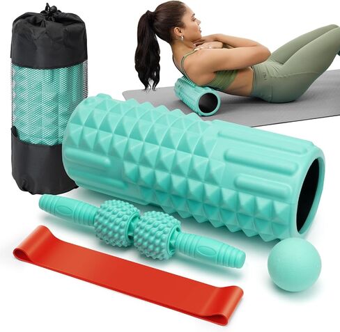 5 in 1 Foam Roller Set - Back Roller Foam, Massage Roller Stick, Massage Ball, Resistance Band for Physical Therapy & Deep Tissue Muscle Massage (Green) in Saudi Arabia