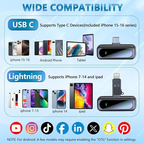 Wireless Mini Microphone for iPhone 15/16, iPad, Android, Wireless Lavalier Microphone with Noise Reduction, Portable USB C Lapel Mic for Video Recording, Vlog, Tiktok, YouTube in Saudi Arabia