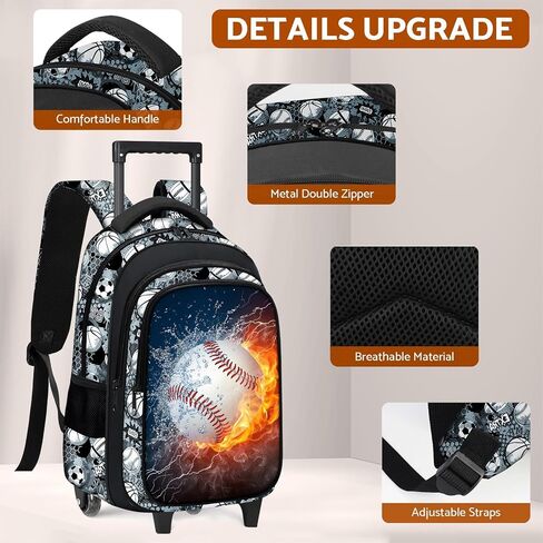 Baseball Rolling Backpack for Boys - 3PCS Boys Rolling Backpack with Lunch Box Set for Kids Children Teens Elementary Middle School,Sport Roller Bookbag with Wheels for Age 6-18 in Saudi Arabia