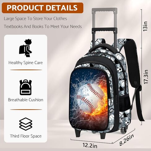 Baseball Rolling Backpack for Boys - 3PCS Boys Rolling Backpack with Lunch Box Set for Kids Children Teens Elementary Middle School,Sport Roller Bookbag with Wheels for Age 6-18 in Saudi Arabia