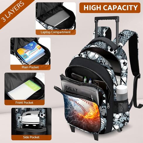 Baseball Rolling Backpack for Boys - 3PCS Boys Rolling Backpack with Lunch Box Set for Kids Children Teens Elementary Middle School,Sport Roller Bookbag with Wheels for Age 6-18 in Saudi Arabia