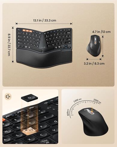 ProtoArc Bluetooth Ergonomic Keyboard Mouse, EKM04 Mini Compact Wireless Ergo Keyboard Mouse Combo, Split Design, Wrist Rest, Multi-Device, Rechargeable, for Windows/Mac - Black in Saudi Arabia