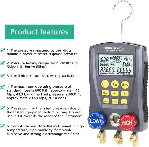 HUIOP DY517,Pressure Gauge Refrigeration Digital Vacuum Pressure Manifold Tester Meter HVAC Temperature Tester Digital Manifold Gauge Meter HVAC Vacuum Pressure in Saudi Arabia