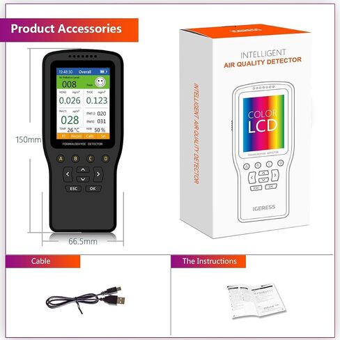Air Quality Monitor Indoor, 8 in 1 Formaldehyde Detector, voc Meter, Detect Indoor HCHO,TVOC,AQI,PM2.5,PM10,PM1.0,Temperature and Humidity Tester. Colorful LCD Screen & USB Charging in Saudi Arabia