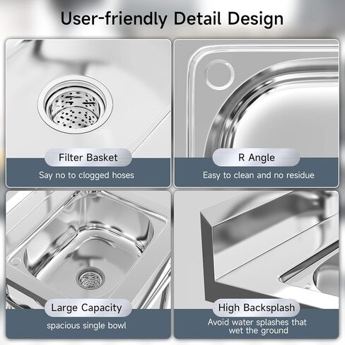 Kitchen Utility Sink Stainless Steel Commercial Restaurant Sinks Free Standing Single Bowl Workstation with Faucet Hose Drain Strainer Legs for Shop Farm Stable Hotel Laundry Room Backyard Outdoor in Saudi Arabia