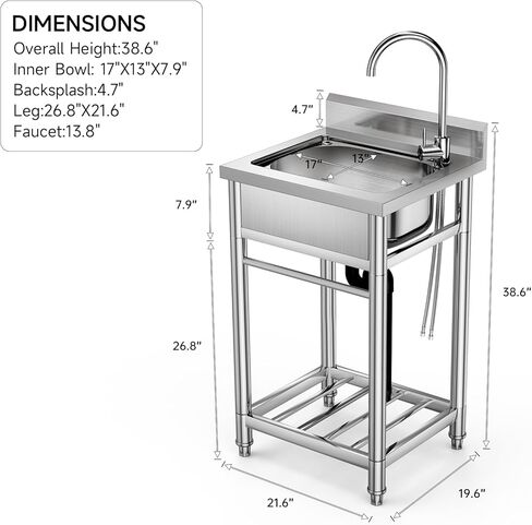 Kitchen Utility Sink Stainless Steel Commercial Restaurant Sinks Free Standing Single Bowl Workstation with Faucet Hose Drain Strainer Legs for Shop Farm Stable Hotel Laundry Room Backyard Outdoor in Saudi Arabia