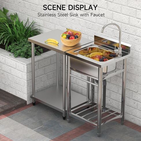 Kitchen Utility Sink Stainless Steel Commercial Restaurant Sinks Free Standing Single Bowl Workstation with Faucet Hose Drain Strainer Legs for Shop Farm Stable Hotel Laundry Room Backyard Outdoor in Saudi Arabia
