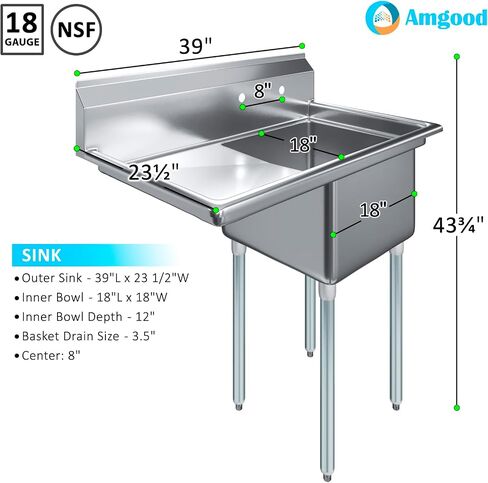 One Compartment Stainless Steel Commercial Kitchen Prep & Utility Sink with Left Drainboard | Bowl Size 18" x 18" X 12" | NSF in Saudi Arabia