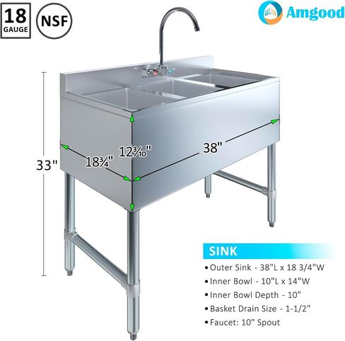 AmGood 3 Compartment Under Bar Sink With Faucet - 38" X 18 3/4". NSF. Commercial Three Bowl Under Bar Sink in Saudi Arabia