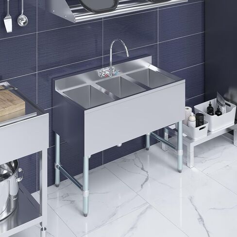 AmGood 3 Compartment Under Bar Sink With Faucet - 38" X 18 3/4". NSF. Commercial Three Bowl Under Bar Sink in Saudi Arabia