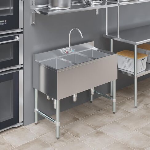 AmGood 3 Compartment Under Bar Sink With Faucet - 38" X 18 3/4". NSF. Commercial Three Bowl Under Bar Sink in Saudi Arabia