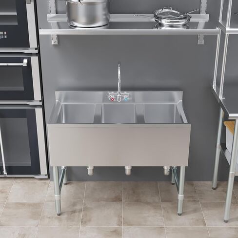 AmGood 3 Compartment Under Bar Sink With Faucet - 38" X 18 3/4". NSF. Commercial Three Bowl Under Bar Sink in Saudi Arabia