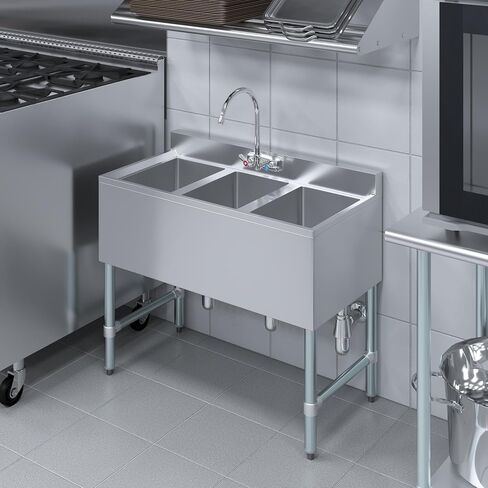 AmGood 3 Compartment Under Bar Sink With Faucet - 38" X 18 3/4". NSF. Commercial Three Bowl Under Bar Sink in Saudi Arabia