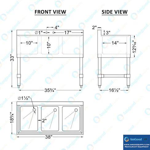 AmGood 3 Compartment Under Bar Sink With Faucet - 38" X 18 3/4". NSF. Commercial Three Bowl Under Bar Sink in Saudi Arabia