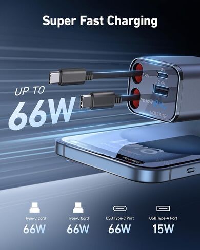 iPhone Car Charger Retractable Fast Phone Chargers, 4 in 1 Car Charger Cigarette Lighter Adapter with 2 Cables 30 Inch and 2 USB Ports, for iPhone 16/15/14/13/Pro, Gifts for Women Men-[Upgraded] in Saudi Arabia