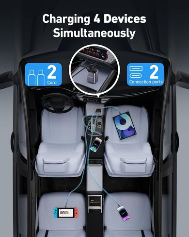 iPhone Car Charger Retractable Fast Phone Chargers, 4 in 1 Car Charger Cigarette Lighter Adapter with 2 Cables 30 Inch and 2 USB Ports, for iPhone 16/15/14/13/Pro, Gifts for Women Men-[Upgraded] in Saudi Arabia