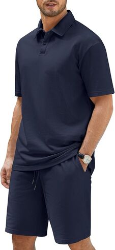 COZYPOIN Mens Short Sets 2 Piece Outfits Pique Cotton Polo Shirt and Shorts Set Summer Casual Beach Vacation Tracksuits in Saudi Arabia