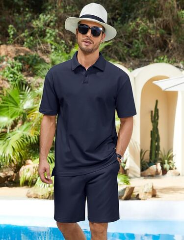 COZYPOIN Mens Short Sets 2 Piece Outfits Pique Cotton Polo Shirt and Shorts Set Summer Casual Beach Vacation Tracksuits in Saudi Arabia