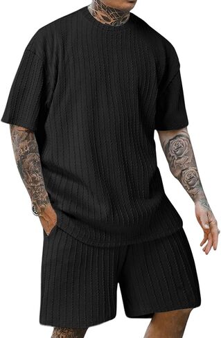 Yimoon Men's 2 Piece Outfits Textured Short Sleeve Shirts and Shorts Set Summer Casual Beach Vacation Sets in Saudi Arabia