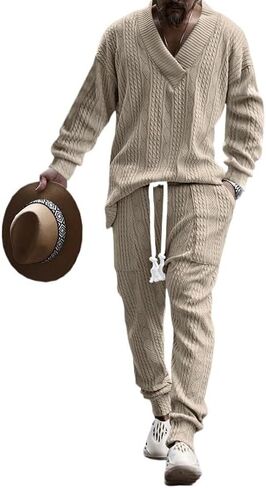 Men's two-piece pants V-neck jacquard knitted sweater suit sports shirt jogging pants sports suit in Saudi Arabia