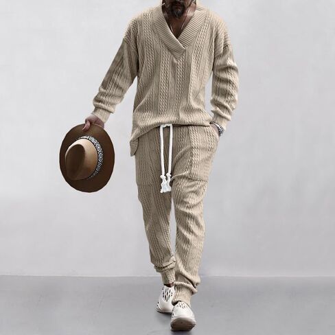 Men's two-piece pants V-neck jacquard knitted sweater suit sports shirt jogging pants sports suit in Saudi Arabia