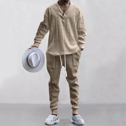 Men's two-piece pants V-neck jacquard knitted sweater suit sports shirt jogging pants sports suit in Saudi Arabia