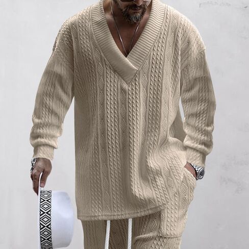 Men's two-piece pants V-neck jacquard knitted sweater suit sports shirt jogging pants sports suit in Saudi Arabia