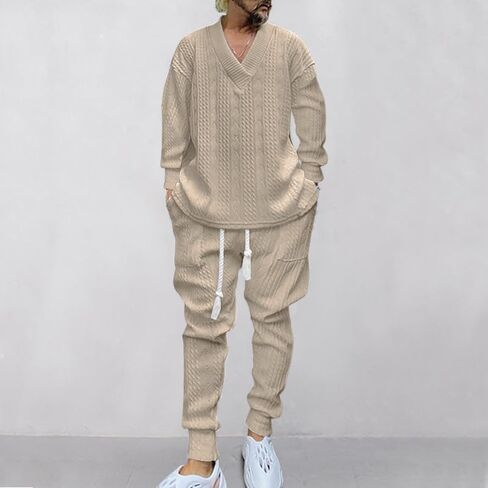Men's two-piece pants V-neck jacquard knitted sweater suit sports shirt jogging pants sports suit in Saudi Arabia