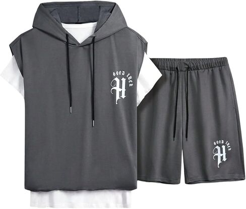GORGLITTER Men's 2 Piece Short Sets Outfits Graphic Hooded T Shirt and Track Shorts Set in Saudi Arabia