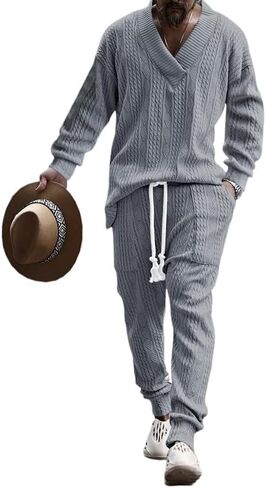 Men's two-piece pants V-neck jacquard knitted sweater suit sports shirt jogging pants sports suit in Saudi Arabia