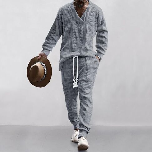 Men's two-piece pants V-neck jacquard knitted sweater suit sports shirt jogging pants sports suit in Saudi Arabia